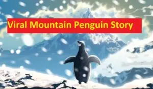 viral penguin walking towards mountain